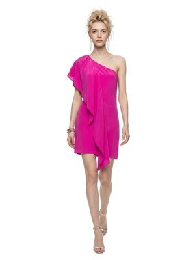 GREYLIN Pink One shoulder Silk Mini dress Draped Feminine Quiet Luxury Elegant